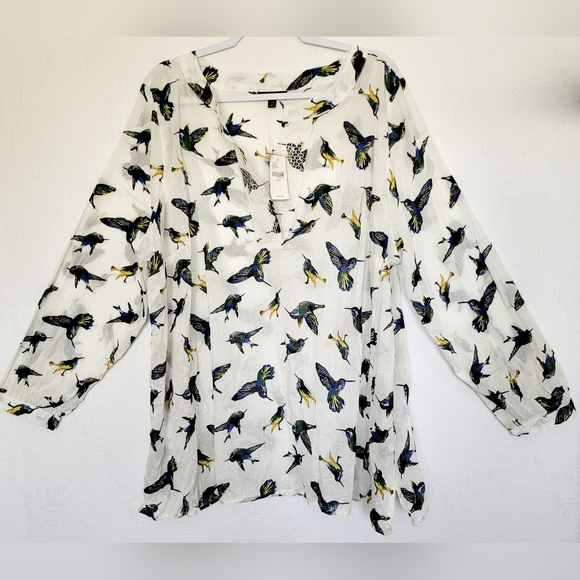 Lane Bryant Women's 100%Cotton White Bird Print Top Blouse 22/24 NEW - Picture 2 of 16